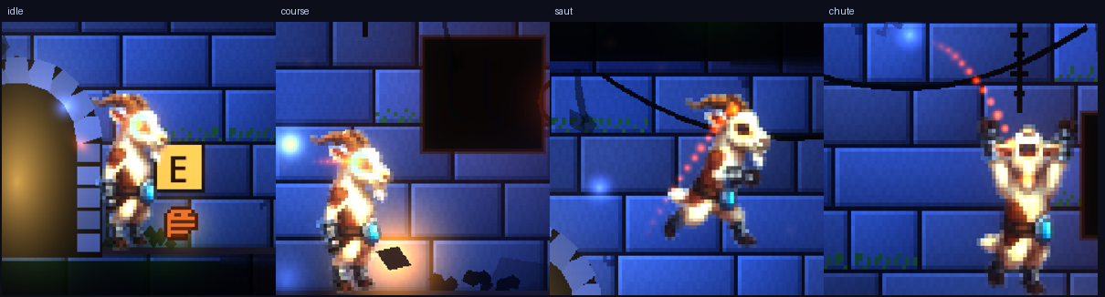 Quatre poses de Lumène en jeu : à l'arrêt, en pleine course, en plein saut, et en chute bras levés — l'art dessiné image par image.