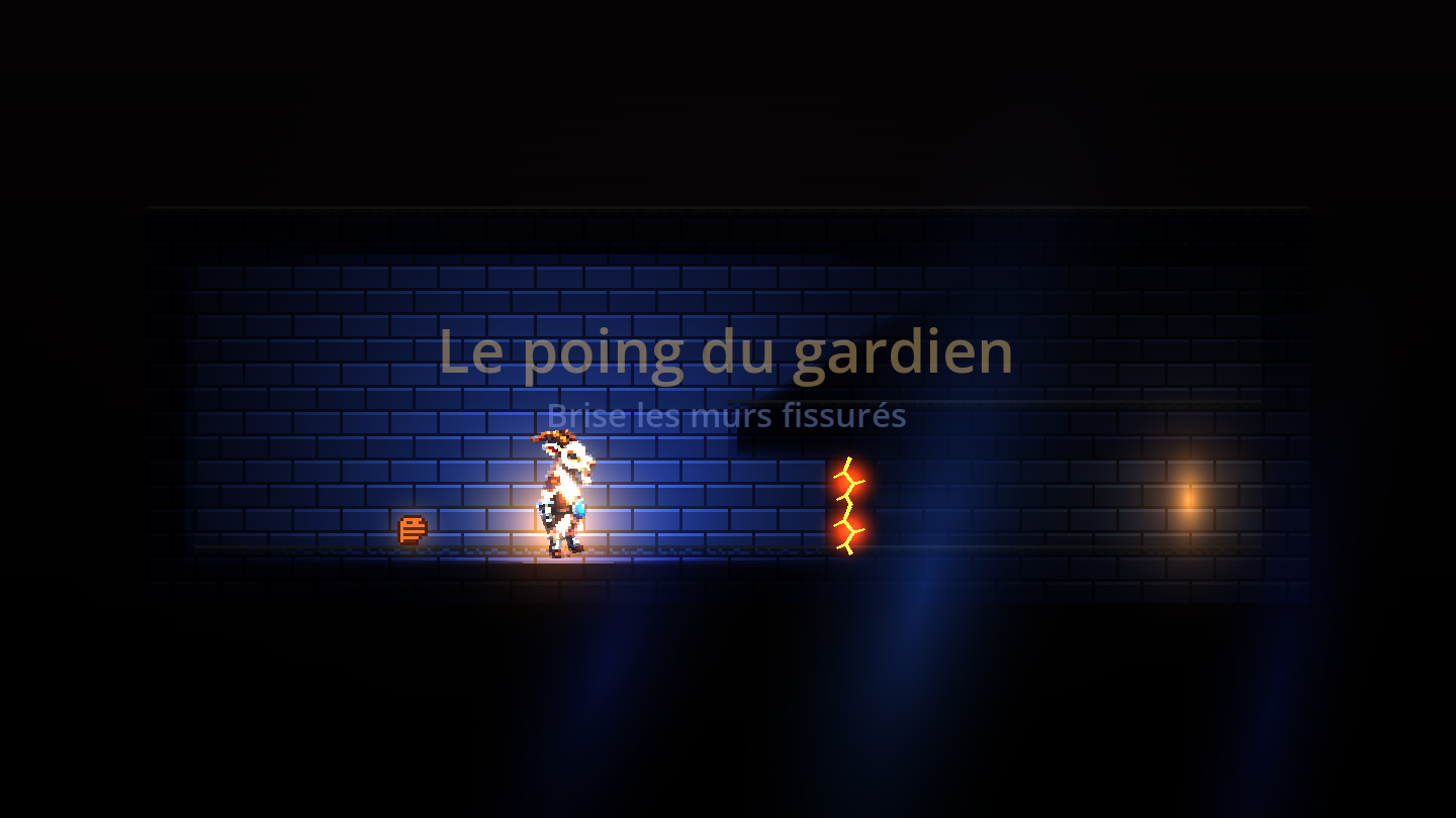 Dans l'atelier du gardien, la chèvre ramasse le gantelet : la bannière « Le poing du gardien — Brise les murs fissurés » paraît à l'écran, un mur fissuré doré attend juste devant.
