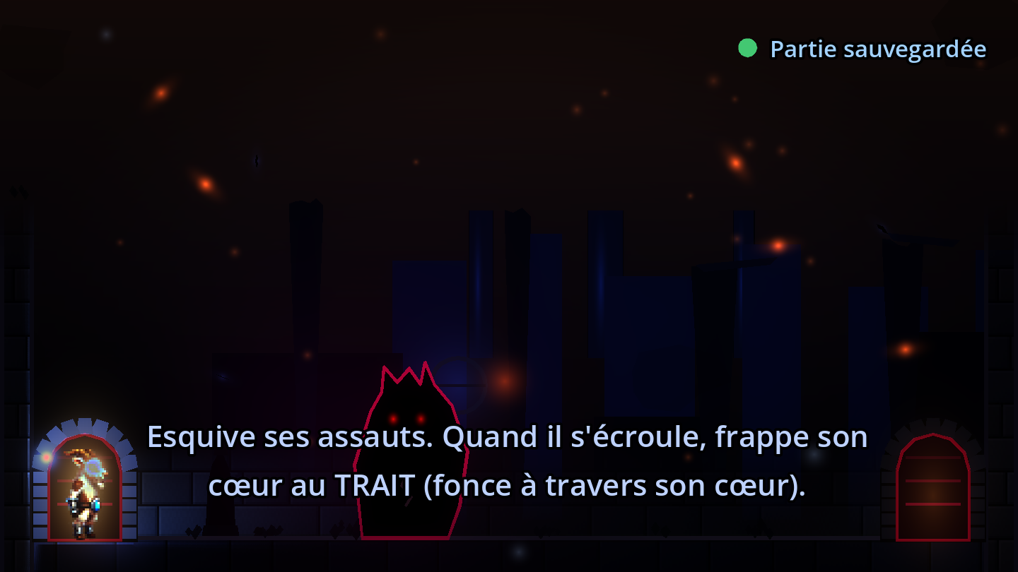 L'arène du Veilleur dans WISP : le boss, silhouette sombre aux yeux rouges, et les deux portails de pierre fermés par un sceau magenta lumineux.