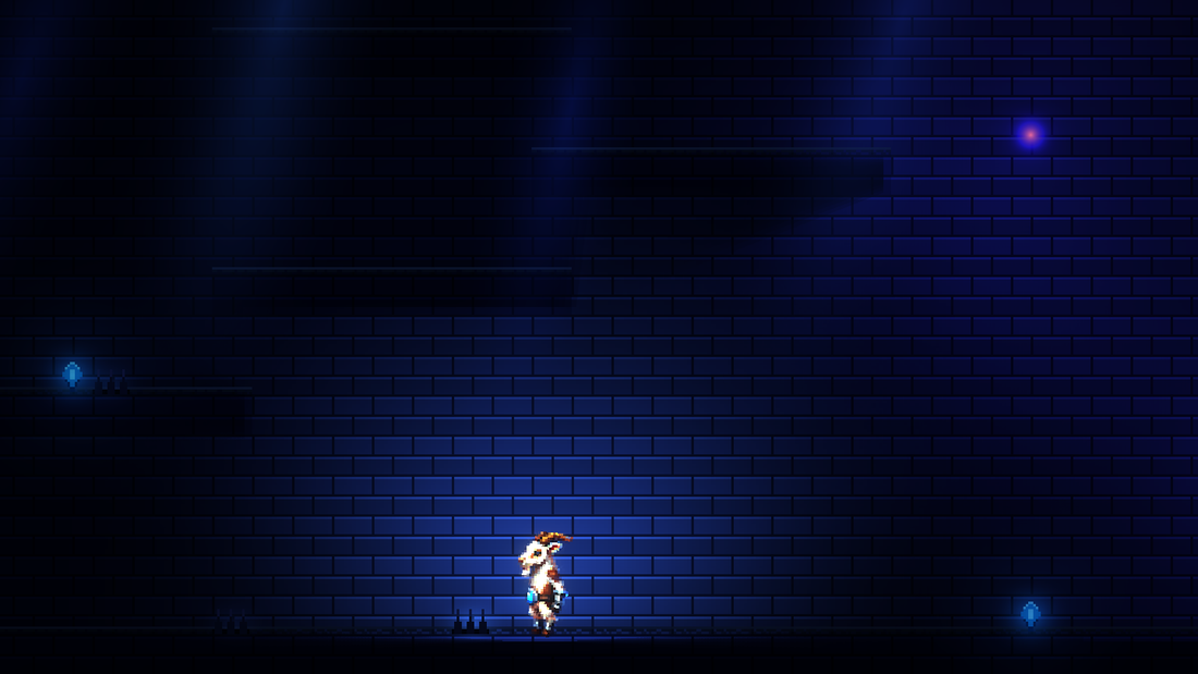 Le personnage approche de pointes posées sur le sol d'une salle sombre.