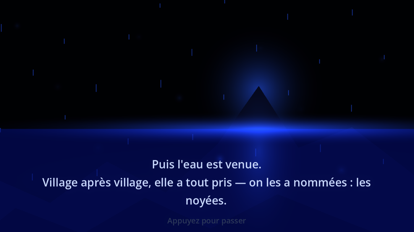 Tableau de l'intro : la montée des eaux. Une nappe bleue a englouti le bas du monde, un trait de lumière tremble à sa surface sous le reflet du phare, la pluie tombe.