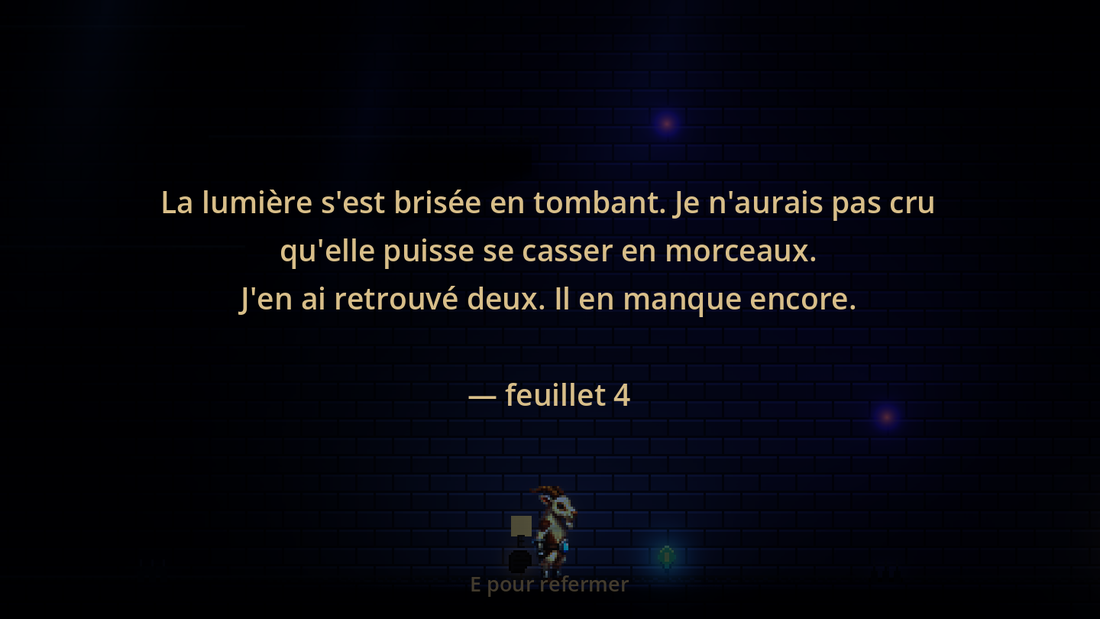 Un feuillet ouvert en jeu : le texte du carnet s'affiche par-dessus la salle assombrie.