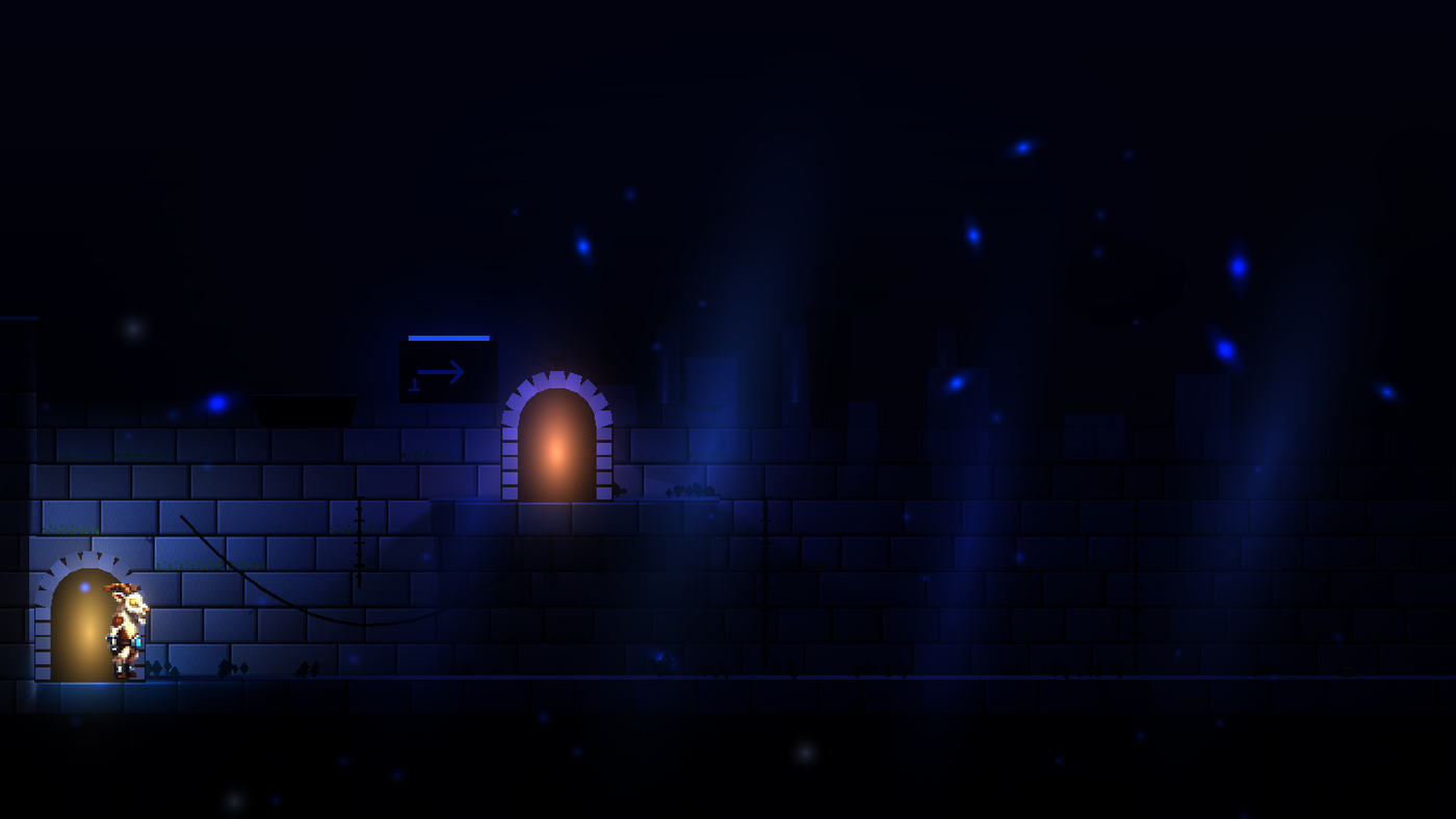 Le personnage, minuscule et lumineux, dans un vaste gouffre bleu nuit.