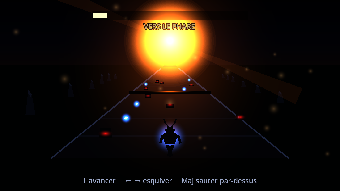 La séquence en fausse 3D de WISP : une chaussée fuit vers un phare éclatant à l'horizon, des pièges rouges et des éclats bleus jalonnent la route, la chèvre en silhouette au premier plan.
