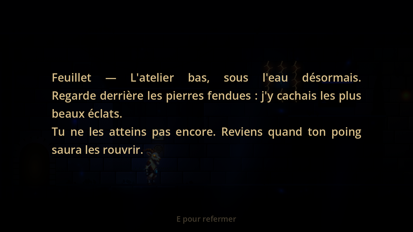 Un feuillet lu dans WISP : sur un fond noir, un texte ambré justifié bord à bord raconte l'atelier bas noyé ; Lumène se devine à peine dans la pénombre derrière.