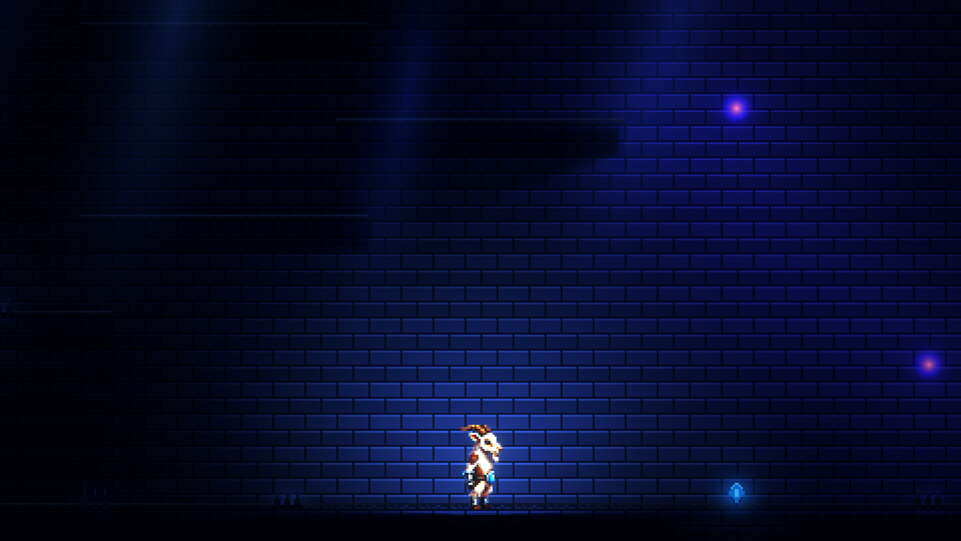 Le personnage éclaire un mur de briques dans une cave sombre.