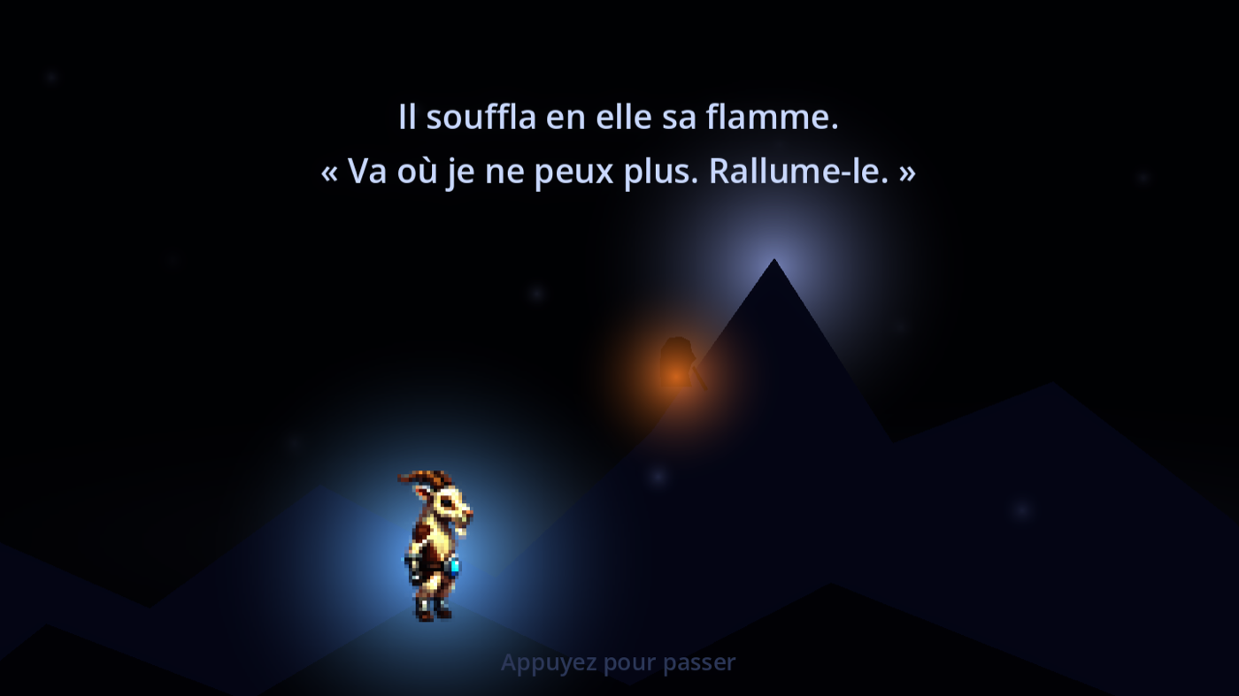 Le souffle : le gardien, sa lampe chaude, transmet un cœur de lumière à la chèvre en contrebas, qui s'embrase d'un halo froid.