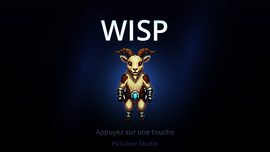 Écran-titre de Wisp : le logo et la chèvre lumineuse sur fond bleu nuit.