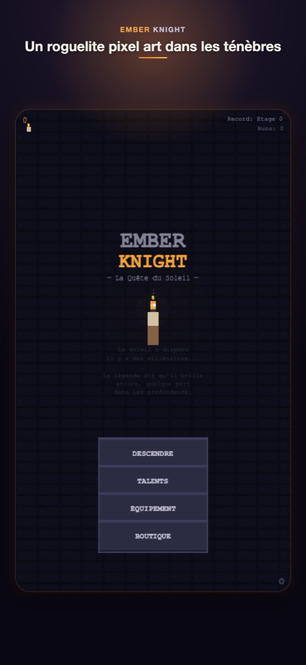 L'écran-titre : Ember Knight, la Quête du Soleil, et une bougie allumée.