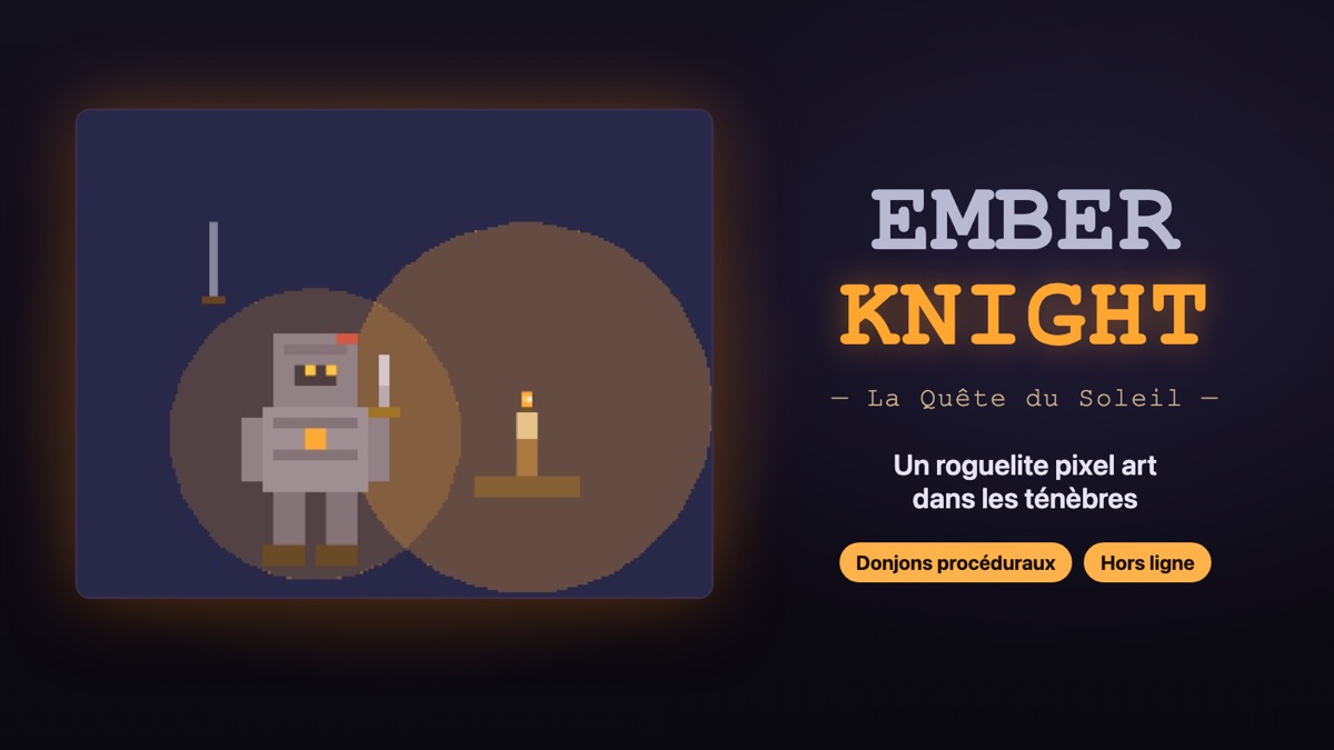 Ember Knight : le chevalier en pixel art près de sa bougie. Un roguelite pixel art dans les ténèbres.