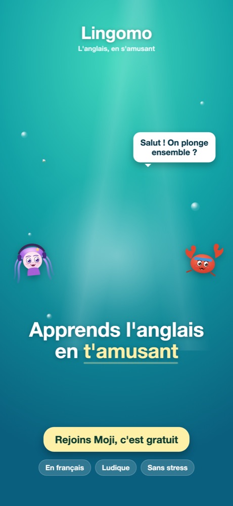 Moji l'axolotl sous l'eau : « Apprends l'anglais en t'amusant ».