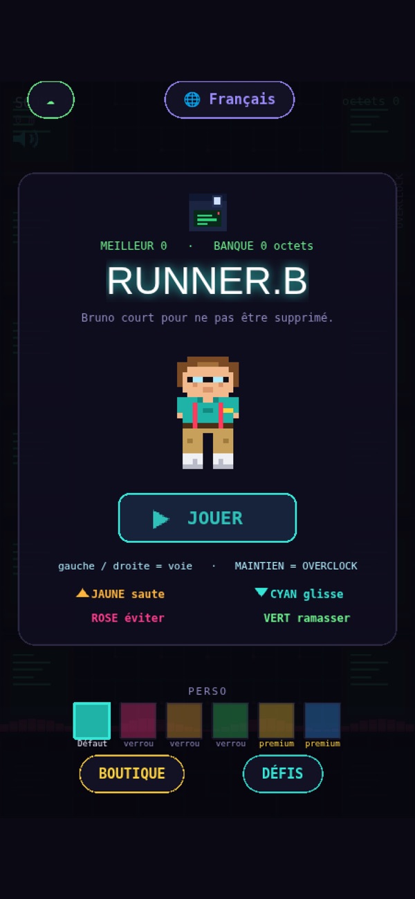 Le menu de Runner B : Bruno en pixel art, le bouton Jouer et les skins.
