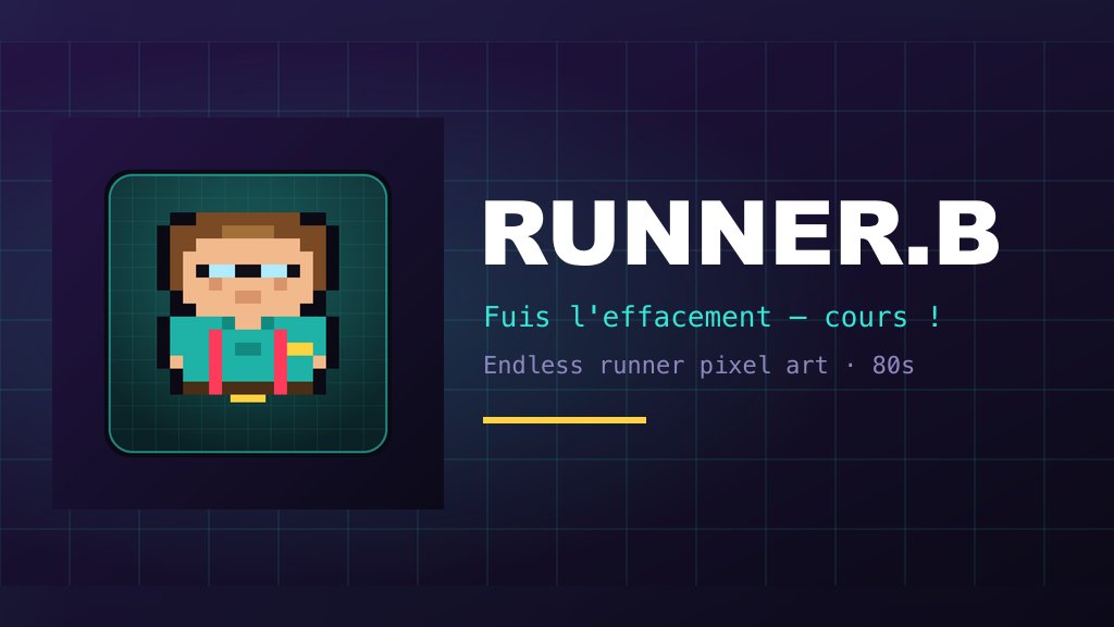 Runner B : Bruno en pixel art. Fuis l'effacement — cours ! Endless runner pixel art années 80.